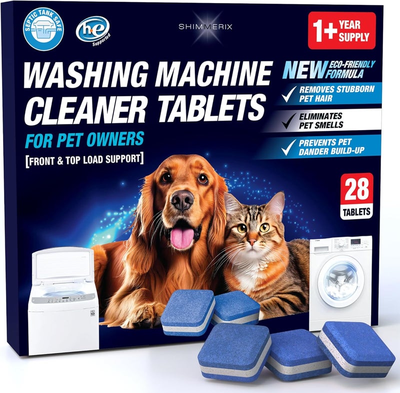 SHIMMERIX Washing Machine Cleaner Pro Tablets for Pet Owners - 28 Pack, Front & Top Load Washer Deep Cleaning, Septic Tank Safe, HE Support, Remove Stubborn Pet Hair, Eliminates Smells, Prevents Dander Build-up - Image 1